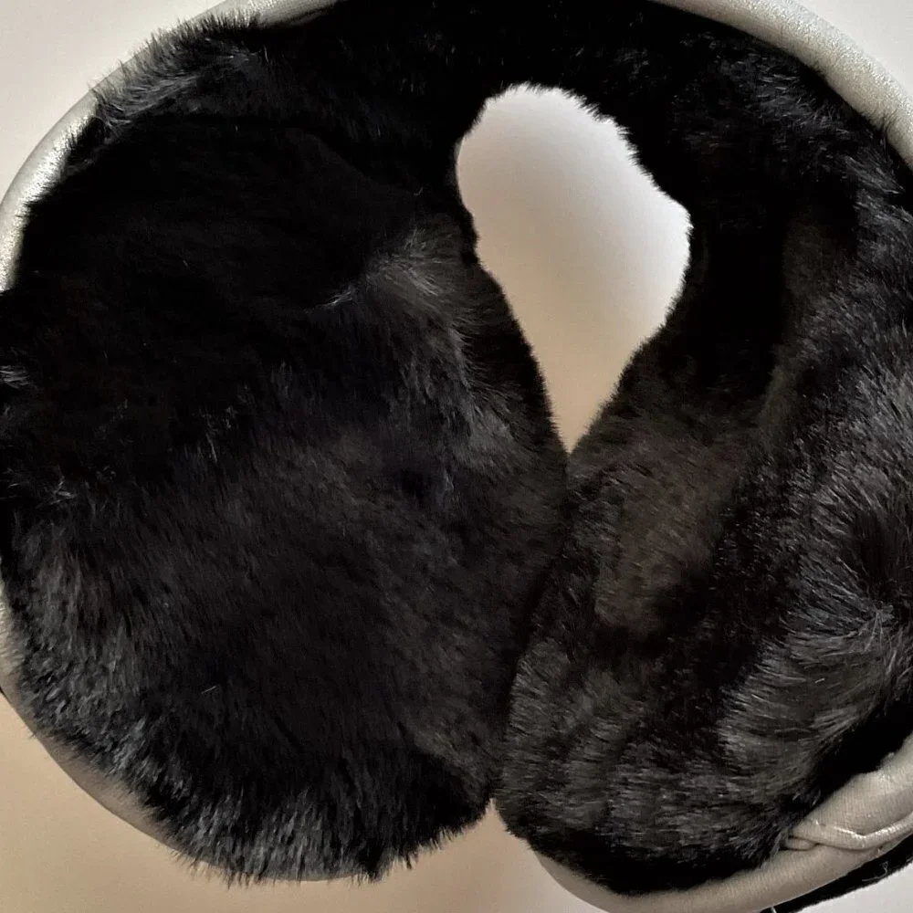 Soft Plush Fleece Earmuffs Black Gray Behind The Head Winter Ear Warmers